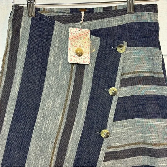 Free People NWT Blue Striped Asymmetrical Wrap Big Sur Midi Skirt Sz 2 - Picture 3 of 12
